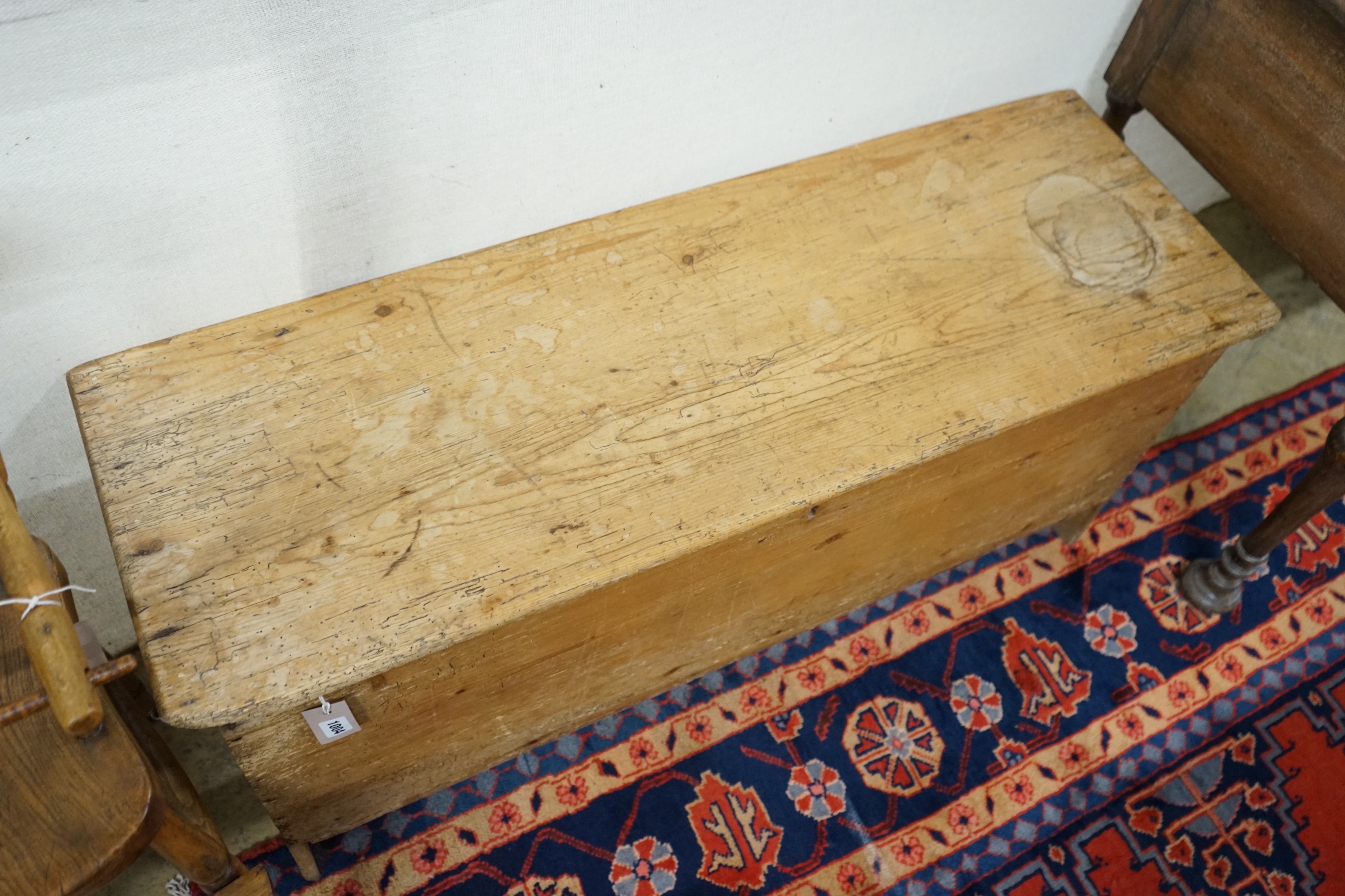 An early 19th century pine six plank coffer, length 115cm, depth 38cm, height 51cm *Please note the sale commences at 9am.